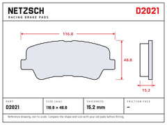 NETZSCH D2021 brake pad drawing, 15.2 mm thick