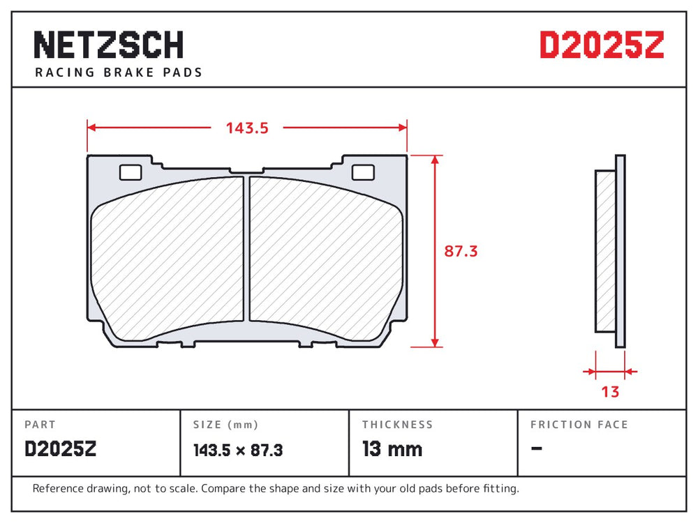 NETZSCH D2025Z brake pad drawing, 13 mm thick
