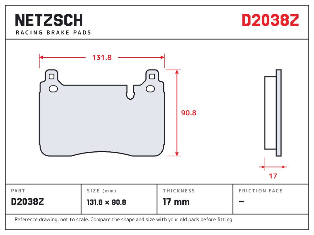 NETZSCH D2038Z brake pad drawing, 17 mm thick