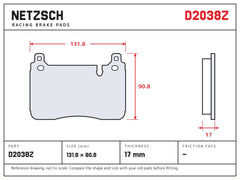 NETZSCH D2038Z brake pad drawing, 17 mm thick
