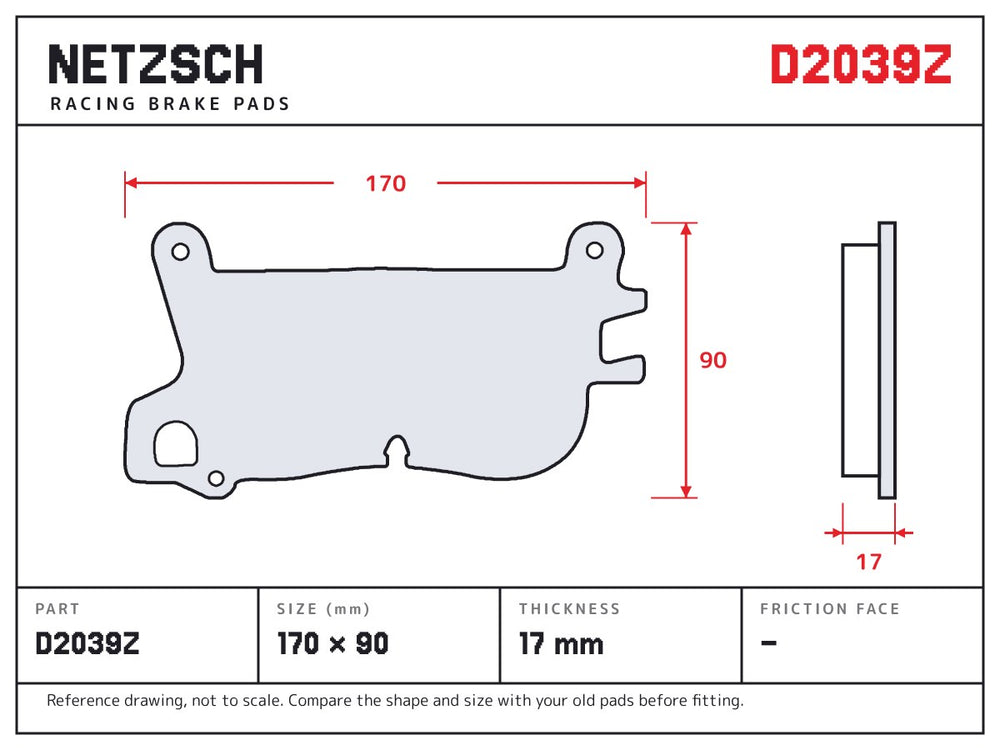 NETZSCH D2039Z brake pad drawing, 17 mm thick