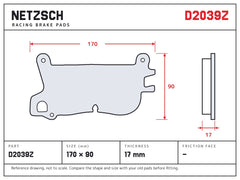 NETZSCH D2039Z brake pad drawing, 17 mm thick