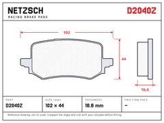 NETZSCH D2040Z brake pad drawing, 16.6 mm thick