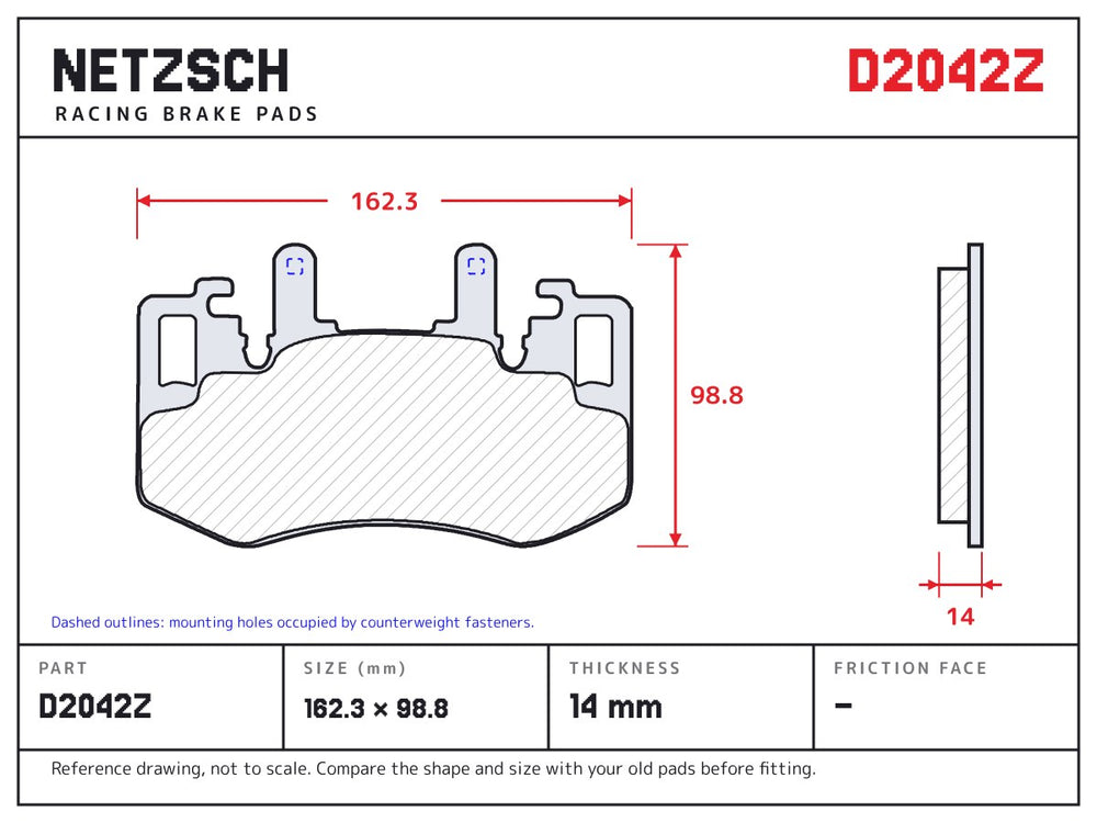 NETZSCH D2042Z brake pad drawing, 14 mm thick