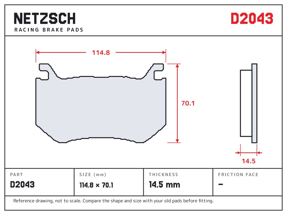 NETZSCH D2043 brake pad drawing, 14.5 mm thick