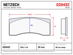 NETZSCH D2043Z brake pad drawing, 20 mm thick