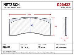 NETZSCH D2043Z brake pad drawing, 16 mm thick