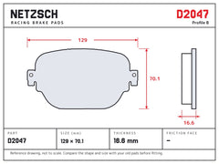 NETZSCH D2047 brake pad drawing, 16.6 mm thick