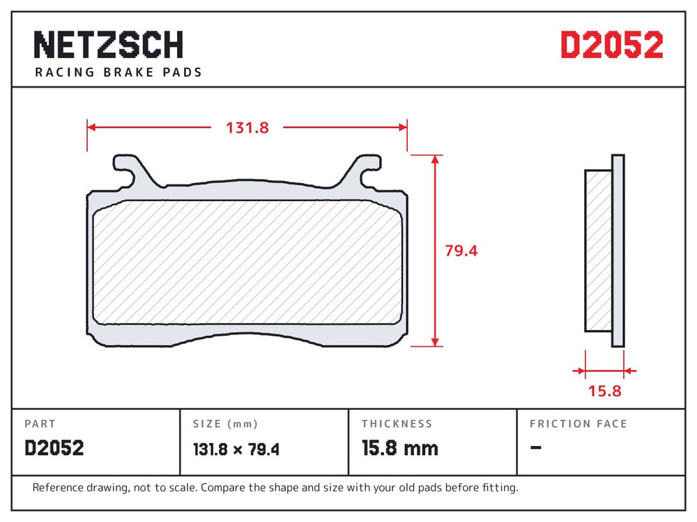 NETZSCH D2052 brake pad drawing, 15.8 mm thick