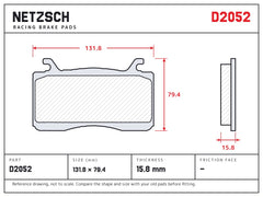 NETZSCH D2052 brake pad drawing, 15.8 mm thick