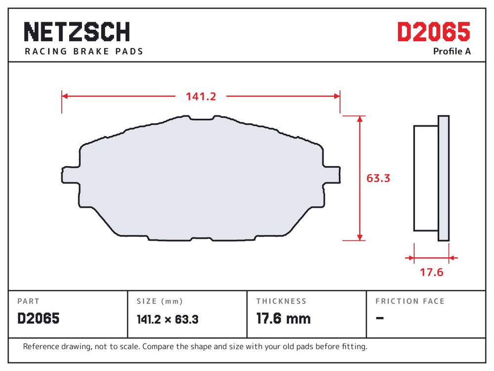 NETZSCH D2065 brake pad drawing, 17.6 mm thick