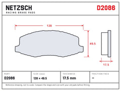 NETZSCH D2086 brake pad drawing, 17.5 mm thick