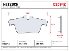 NETZSCH D2094Z brake pad drawing, 12.9 mm thick