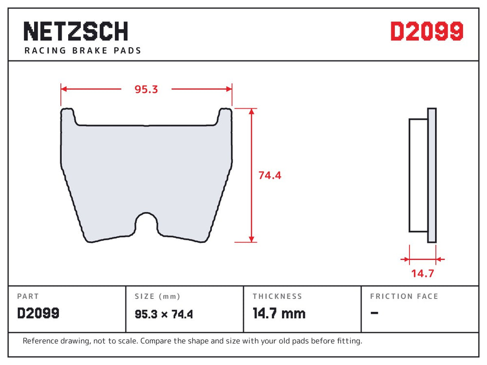 NETZSCH D2099 brake pad drawing, 14.7 mm thick