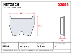 NETZSCH D2099 brake pad drawing, 14.7 mm thick