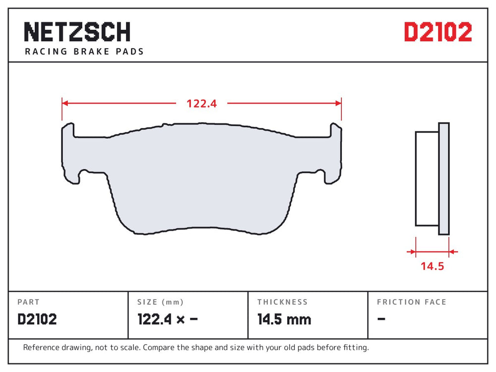 NETZSCH D2102 brake pad drawing, 14.5 mm thick