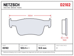 NETZSCH D2102 brake pad drawing, 14.5 mm thick
