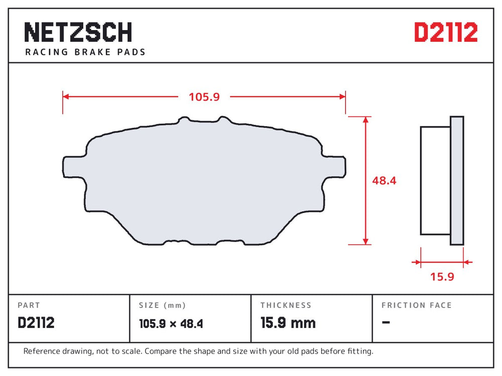 NETZSCH D2112 brake pad drawing, 15.9 mm thick