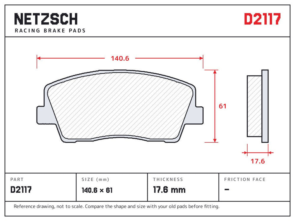NETZSCH D2117 brake pad drawing, 17.6 mm thick