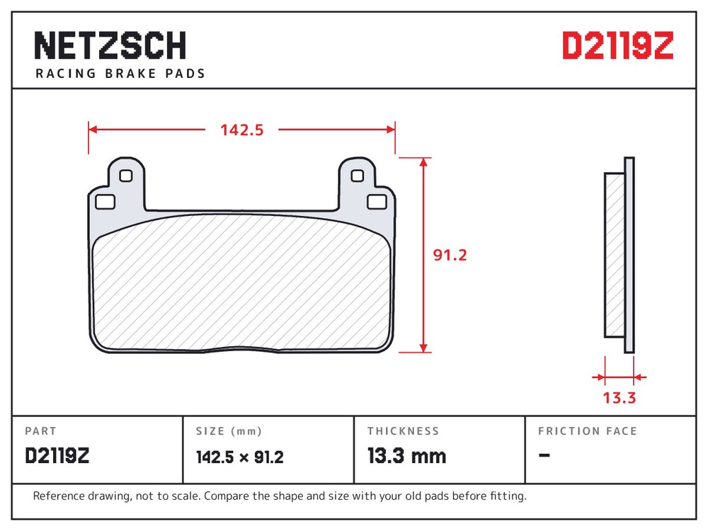 NETZSCH D2119Z brake pad drawing, 13.3 mm thick