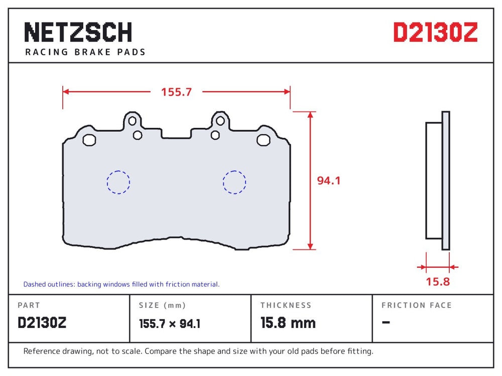 NETZSCH D2130Z brake pad drawing, 15.8 mm thick