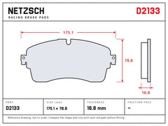 NETZSCH D2133 brake pad drawing, 16.8 mm thick