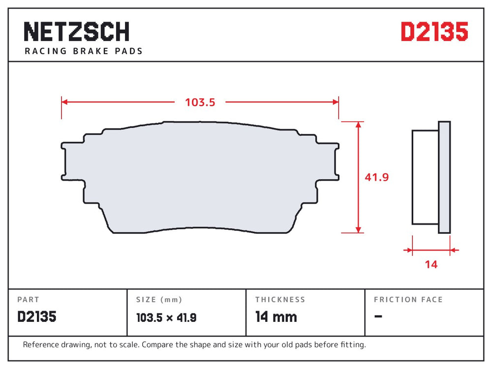 NETZSCH D2135 brake pad drawing, 14 mm thick