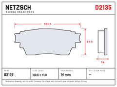 NETZSCH D2135 brake pad drawing, 14 mm thick