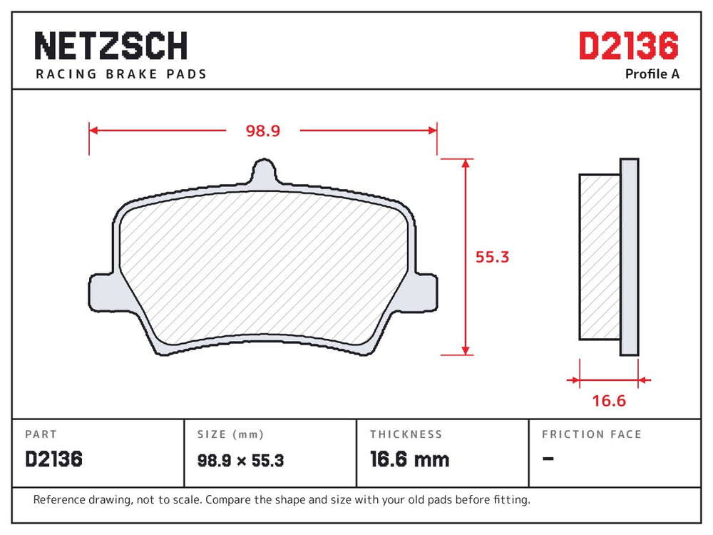 NETZSCH D2136 brake pad drawing, 16.6 mm thick