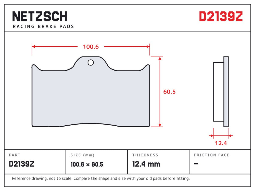 NETZSCH D2139Z brake pad drawing, 12.4 mm thick