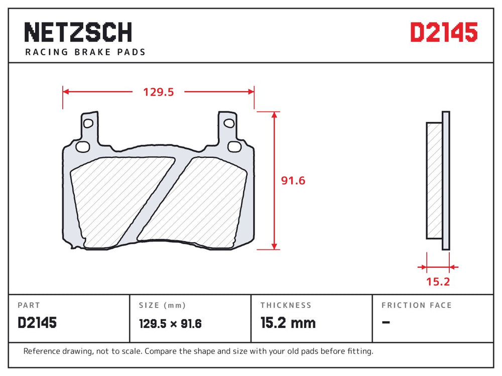 NETZSCH D2145 brake pad drawing, 15.2 mm thick