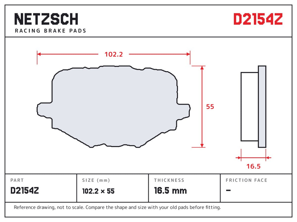 NETZSCH D2154Z brake pad drawing, 16.5 mm thick