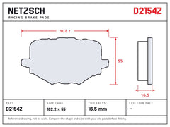 NETZSCH D2154Z brake pad drawing, 16.5 mm thick
