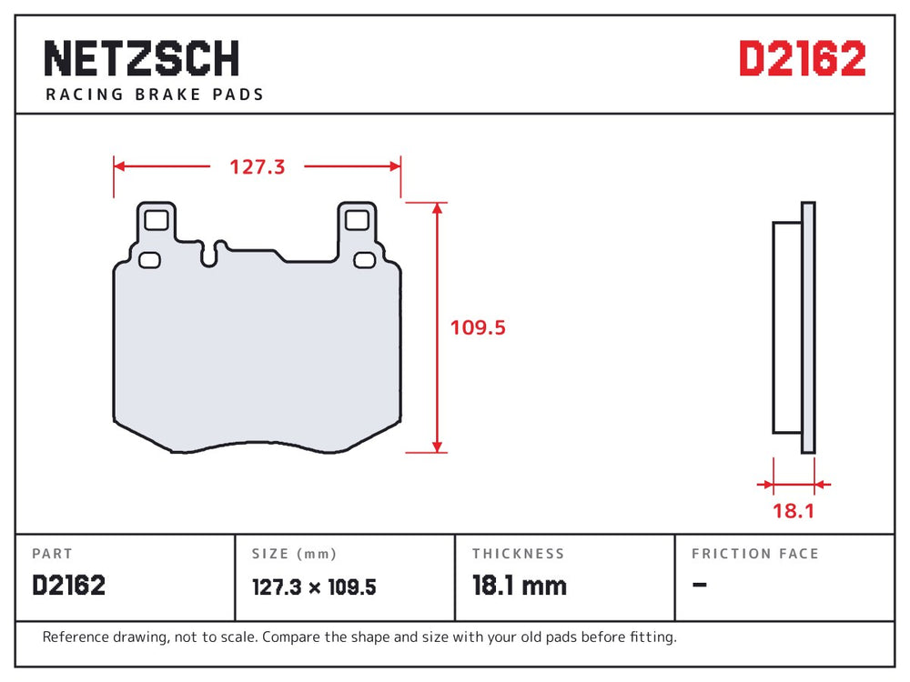NETZSCH D2162 brake pad drawing, 18.1 mm thick