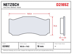 NETZSCH D2165Z brake pad drawing, 18 mm thick
