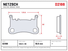 NETZSCH D2166 brake pad drawing, 16.8 mm thick