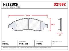 NETZSCH D2169Z brake pad drawing, 17 mm thick