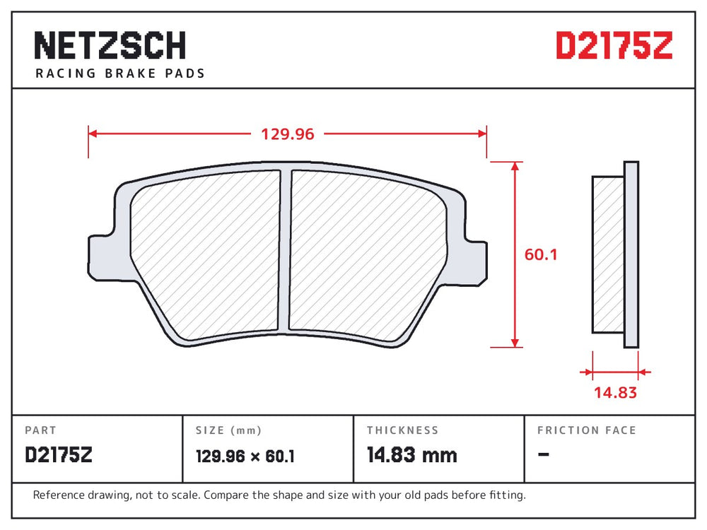 NETZSCH D2175Z brake pad drawing, 14.83 mm thick