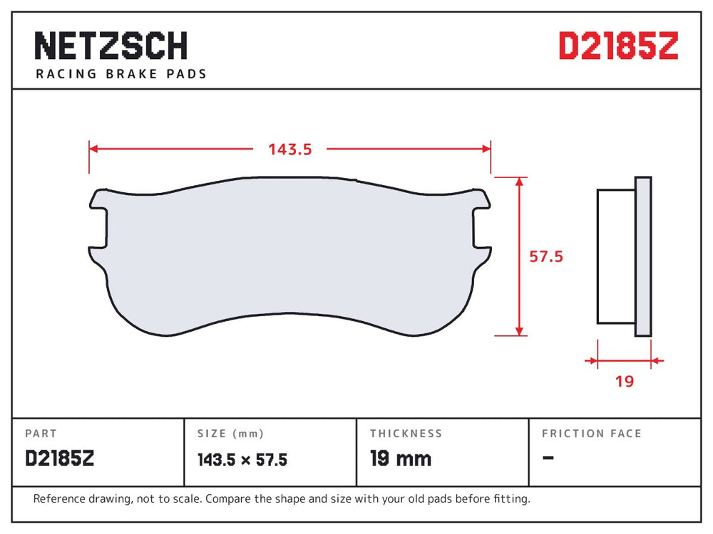 NETZSCH D2185Z brake pad drawing, 19 mm thick