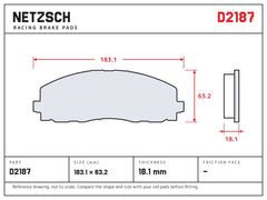 NETZSCH D2187 brake pad drawing, 18.1 mm thick