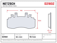 NETZSCH D2193Z brake pad drawing, 15.4 mm thick