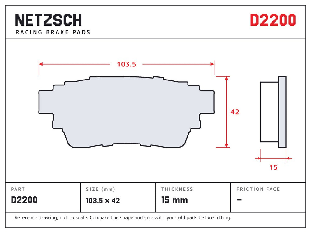 NETZSCH D2200 brake pad drawing, 15 mm thick