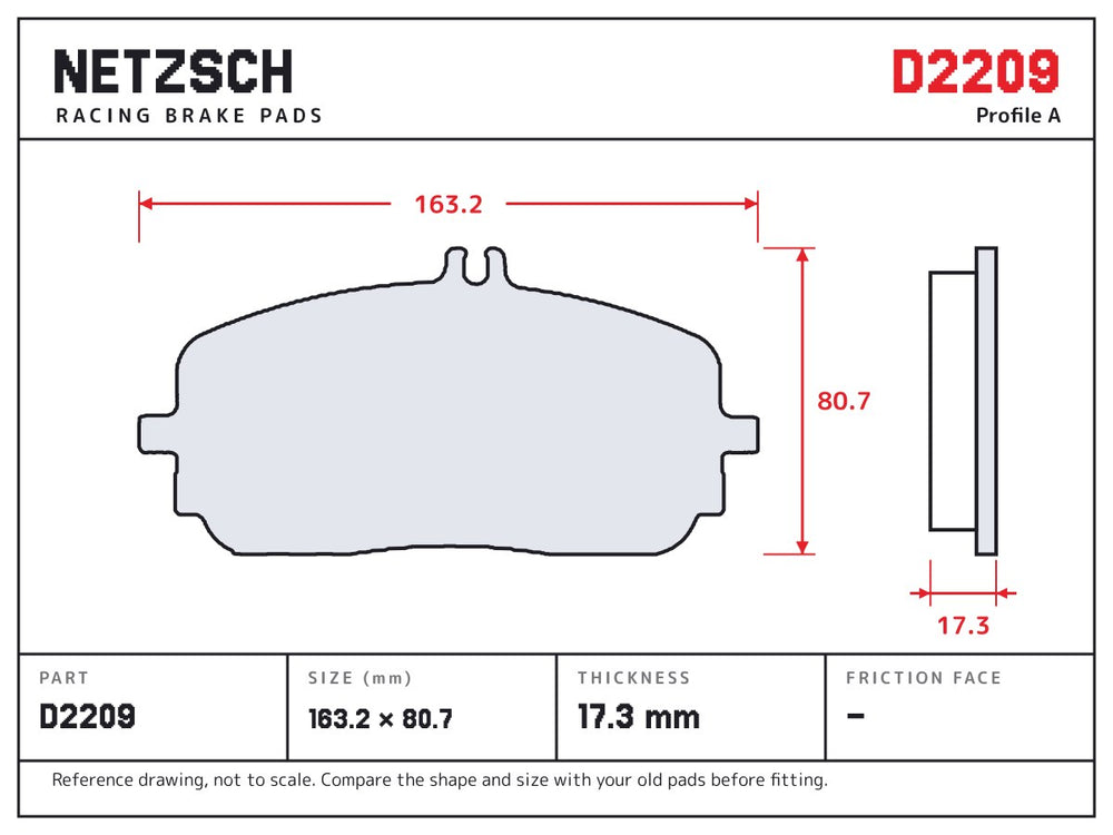 NETZSCH D2209 brake pad drawing, 17.3 mm thick