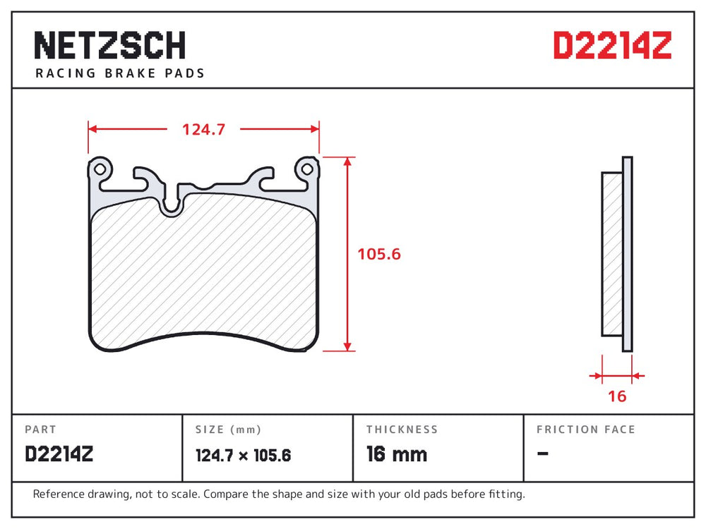 NETZSCH D2214Z brake pad drawing, 16 mm thick