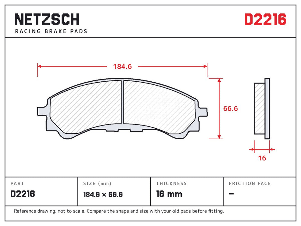 NETZSCH D2216 brake pad drawing, 16 mm thick