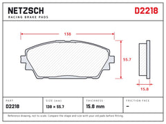 NETZSCH D2218 brake pad drawing, 15.8 mm thick