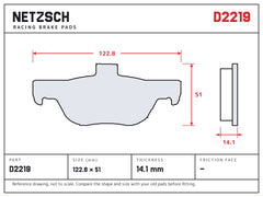 NETZSCH D2219 brake pad drawing, 14.1 mm thick