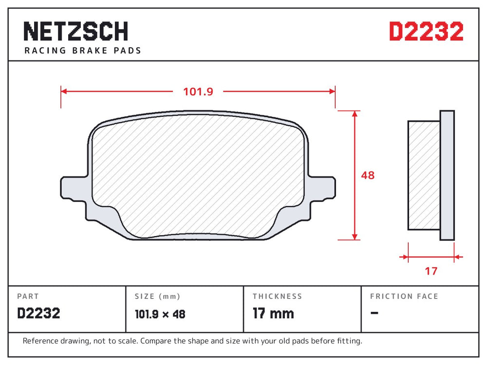 NETZSCH D2232 brake pad drawing, 17 mm thick