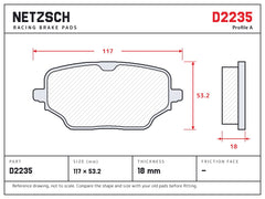 NETZSCH D2235 brake pad drawing, 18 mm thick