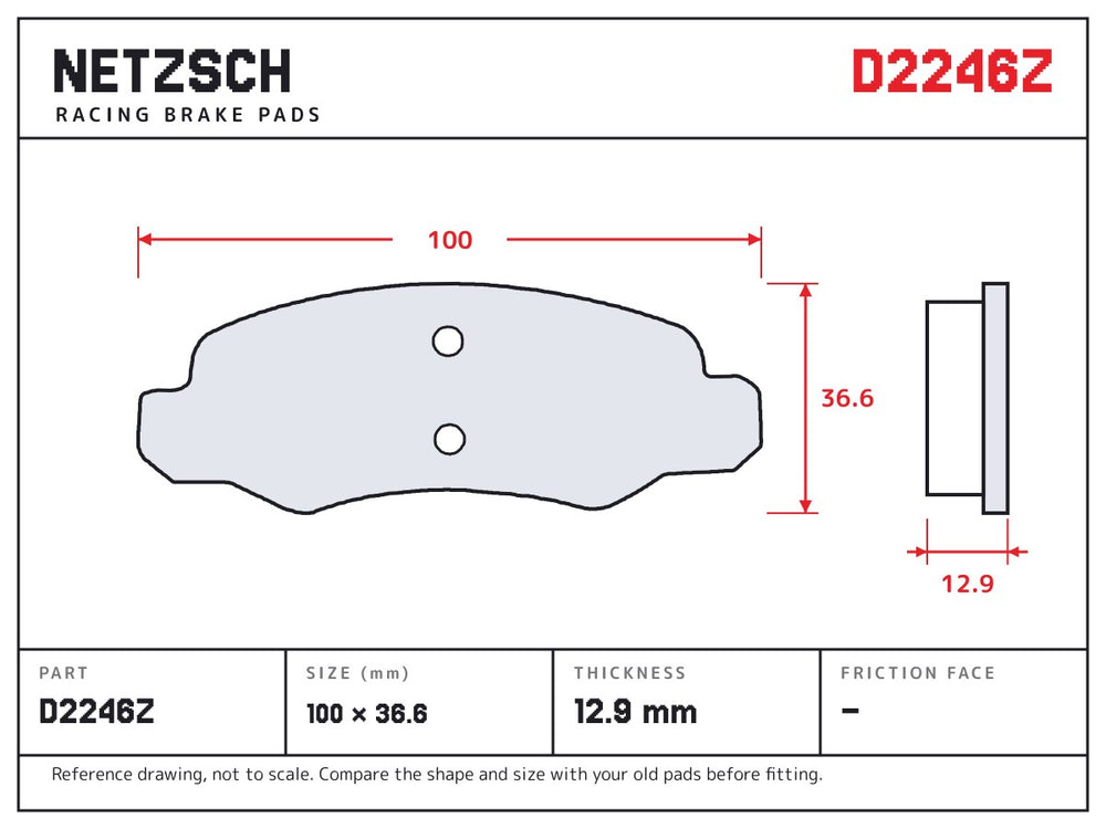 NETZSCH D2246Z brake pad drawing, 12.9 mm thick